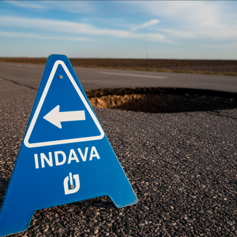 A blue INDAVA warning sign with a white arrow points left, placed near a large pothole or crater in a paved road